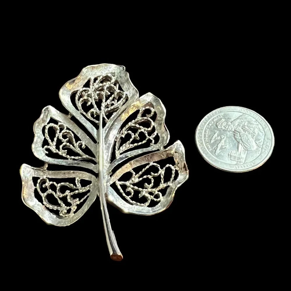 Monet Brooch Leave Brushed‎ Silver Tone Filigree Swirl Vintage Pin